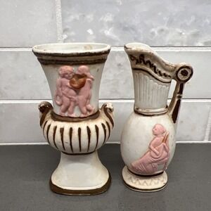 Lot of 2 Vintage Bisque Mini Greek Vase Relief Grecian Woman/Elf Japan RARE!